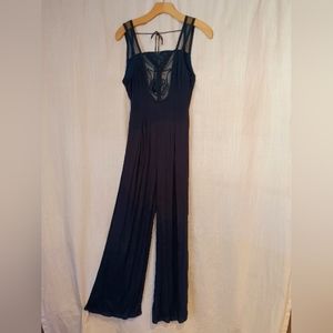 Free People Jumpsuit Rayon Gauze Deep Green with Sheer Inset Front & Low Back